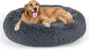 Dog Calming Donut Bed, Fluffy Plush Pet Bed Pillow Sofa Bed for Large Dogs Cats, Anti Anxiety Pet Bed Cuddle Round Cushion with Non-Skid Bottom Washable, 90CM, Deep Grey