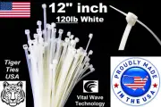 1000 White 12" inch Wire Cable Zip Ties Nylon Tie Wraps 120lb USA Made Tiger Tie