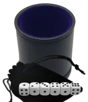 (6) White Dice Black Pips w/Pouch + Black PU Leather Dice Cup Blue Felt Lining