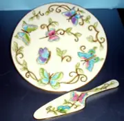 Franciscan Wedgwood Primavera 12" Cake Plate & Server 2PC. Painted Butterfly New