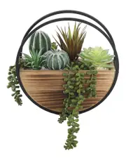 Flora Bunda 11in Round Wood & Metal Wall Succulent Mix