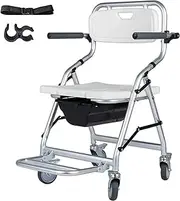 Mobile Toilet Shower Chair with Wheels, Folding Bedside Commode Transport Chair with Removable Bucket,Waterproof Bath Commode Chair for Elderly and Disabled