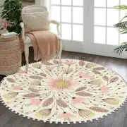 Round Rug for Bedroom 5.3' Circle Cute Area Rug with Pom Poms Fringe Floral