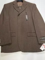 Mens Mazzoni Brown Check Three Button Lambs Wool Feel Sport Coat 42R NEW