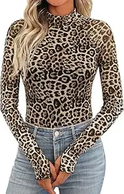 [RUISHH] Women's Floral Print Mesh Top Lace Long Sleeve Clubwear Party Turtleneck Tops Leopard Tunic