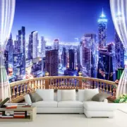 3D Window City Night View Self-adhesive Removable TV Background Mural Wallpaper