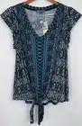 Democracy Ladies Navy & Teal Flutter Sleeve Blouse W/Tie Knot Front NWT