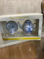 Classic Treasures Imperial Porcelain Mini Teapot, Cup and Saucer Set Blue& Gold