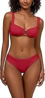 Mid Waisted Bikini Set for Women's Scoop Neck O Ring Ruched Back Self Tie High Cut Thong Bikinis Two Piece Swimsuit