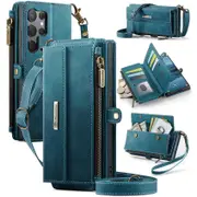 Compatible For Samsung Galaxy S23 Ultra Case CASEME C39 RFID Zipper Wallet Stand Leather Cover with Strap Green