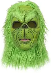 SINSEN 3PCS Christmas Grinch Mask Furry Gloves Hat Green Big Monster Latex Full Head Mask Christmas Halloween Carnival Cosplay Costume Props Fancy Dress Mask for Adults