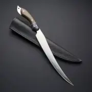 CCUSTOM HANDMADE FILLET KNIFE WOODEN HANDLE 15"inches With (LEATHER SHEATH)