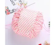 Lazy Cosmetic Bag Printing Drawstring Makeup case Storage Bag Portable Travel [Colour: PINK WHITE STRIP]