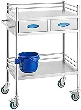 VEVOR Lab Serving Cart, 2 Layers Stainless Steel Utility Rolling Cart, Medical Cart with Two Drawers, Dental Utility Cart with Lockable Wheels and A Bucket, for Laboratory, Hospital, Dental Use
