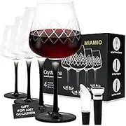 MIAMIO - 480 ml Red Wine Glasses, Set of 4 Large Crystal Glasses With Black Long Stem + Wine Stopper & Aerator - Crystaluna Collection