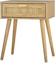 OIKITURE Wooden Nightstand Bedside Table with Rattan Drawer High Solid Legs, Modern End Table for Living Room Bedroom Garden Balcony, 40KG Load Capacity