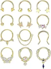 [Kakonia] 12Pcs 16G 10MM Septum Rings for Women Surgical Steel Septum Nose Piercing Jewelry Horseshoe Daith Helix Tragus Lip Cartilage Earrings Hoop Nose Rings Piercing