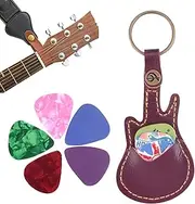 Guitar Pick Holder Leather Keychain - Guitar Picks Holder with 5PCS Guitar Picks Mini Guitar Shape Plectrums Pack Case Keyring for Guitar Lovers Men Women (Coffee)