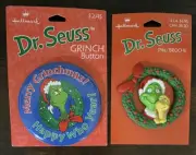 Vintage 1990s Hallmark Dr. Seuss The Grinch Max Pin & Merry Grinchmas Button