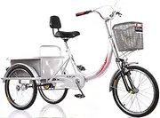 DEFGHIJ 20 Inch Comfort Bicycles Adult Tricycle with Seat Backrest and Rear Basket 3 Wheel Bicycle for Seniors Load 200KG(Silver)
