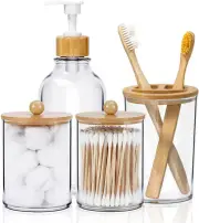 4Pcs Bamboo Bathroom Accessories Set, Soap Dispenser, Toothbrush Holder, 2 Qtip