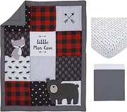 NoJo Little Man Cave Grey, Red, Black & Ivory, Bear, Fox, Moose, Buffalo Check & Arrows Rustic 3Piece Nursery Crib Bedding Set - Comforter, Fitted Crib Sheet & Crib Skirt, Grey, Red, Black, Ivory