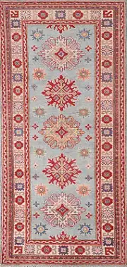 Light Blue Kazak Oriental Runner Rug 3x7 ft Hand-knotted Wool for Hallway