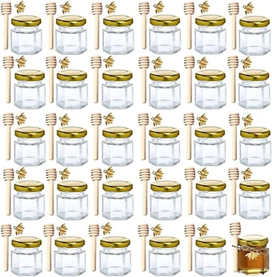 1.5 Oz Hexagon Mini Glass Honey Jars -30Pack Honey Jars with Wood Dipper, Gold L