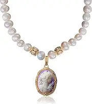 Cameo Silhouette Pendant Necklace Vintage for Womens 9-10mm Natural Baroque Pearl Strand 16" + 2.5" Extender