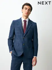Navy Linen Blend Check Slim Suit Jacket (E93259) | $180