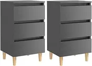 Bedside Nightstand with Wood Legs & 3 Drawers for Bedroom Furniture, High Gloss Grey Table for Living Room Storage, 40x35x69cm