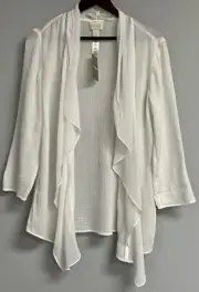Chico’s Gauze Drape Front Jacket NWT White Flowy Sz S/4 Sheer 3/4 Sleeves