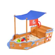 Kids Boat Sandpit Wooden Outdoor Garden Play Sand Pit Toys Box Canopy Children