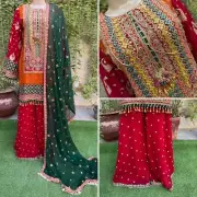 Pakistani Red Straight Style Embroidered Sequins Chiffon Sharara Dress,S