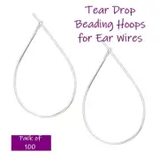 100 Silver Plated Tear Drop Ear Wires Beading Hoops ~ Teardrop 27mm x 17mm