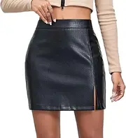[EMOTTOS] Women's Faux Leather Mini Skirt with Crocodile Print, Sexy High Waist PU Leather Slit Pencil Skirt with Zip, A-line Women's Tight Short Skirt, Black, S-L, Black, M