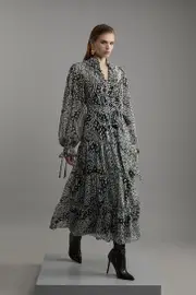 Paisley Crinkle Pleat Georgette Woven Midi Dress