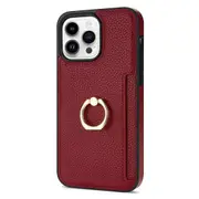 TPU+PU Leather Phone Case Card Holder for iPhone 15 Pro Shockproof Phone Cover with Ring Kickstand