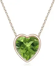[Angara] Natural Bezel-Set Solitaire Heart Peridot Pendant Necklace in 14ct Solid Gold for Women | August Birthstone Jewellery for Her