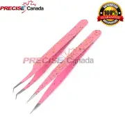 2 Pcs Straight & Curved Tip Tweezers for Eyelash Extensions Pink Design Color