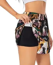 [WURTON] Cute English Bulldog Print Exercise Gym Workout Shorts Women's Athletic Shorts Dual-Layered Yoga Running Shorts