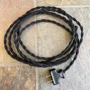 BLACK ~ 8' Vintage Lamp Cord ~ Twisted Cloth Covered Wire w/ BLACK Flat Plug