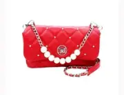 NWT $179 *RED* Badgely Mischka Quilted Faux Leather & Faux Pearl Bag