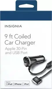 Insignia 9 ft Coiled Car Charger Apple w/ 30-Pin Cable & USB Port iPhone & iPad