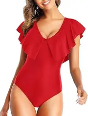 [Tempt Me] Women Ruffle One Piece Swimsuit Flounce Sleeve Swimwear V Neck Bathing Suit for Teen Girls