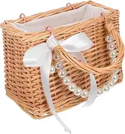 VALICLUD Wicker Flower Girl Basket: Rustic Wedding Floral Basket with Pearl Chain and Ribbon Bow - Willow Handbag for Outdoor Picnic Home Decoration