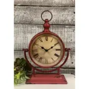 New Primitive Vintage Antique Style AGED RED MANTEL CLOCK Sit or Hang by hook