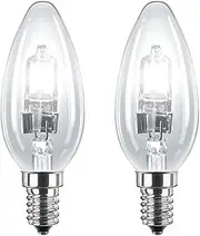 2 Pack 28W SES E14 Clear Candle Light Bulbs, Small Screw, Classic Incandescent Dimmable Lamps, 28W = 37W, 370 Lumen, Mains 240V, Energy Saving Halogen Bulbs
