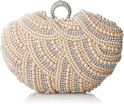 [Damara] Womens Luxury Special Crystals Beaded Pearl Clutch Bag,Champagne