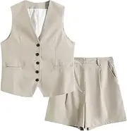 [Generic] Women Retro Linen Office Suits V Neck Vest Blazer Commuter Wide Leg Shorts Vintage 2 Piece Work Clothes